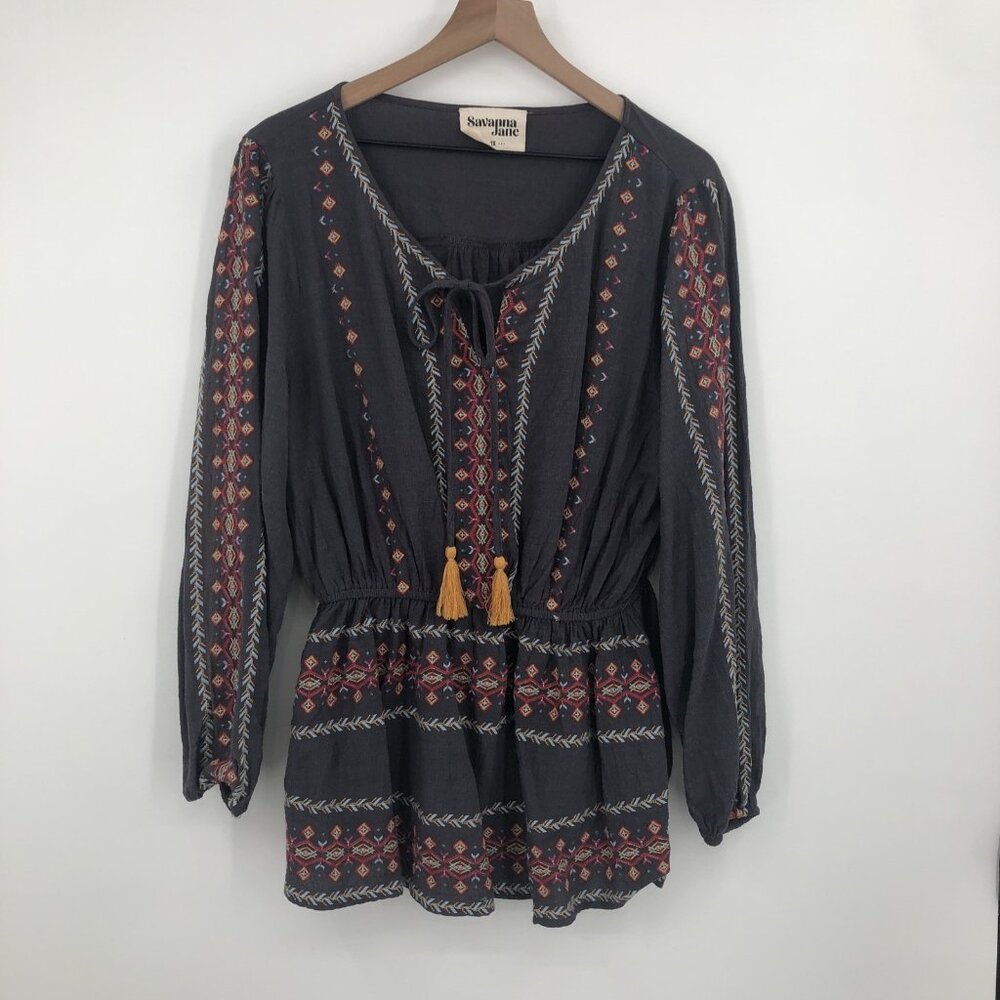 Savanna Jane Top Women 1X Embroidered Long Sleeve Boho Tassel Tie Neck Gray